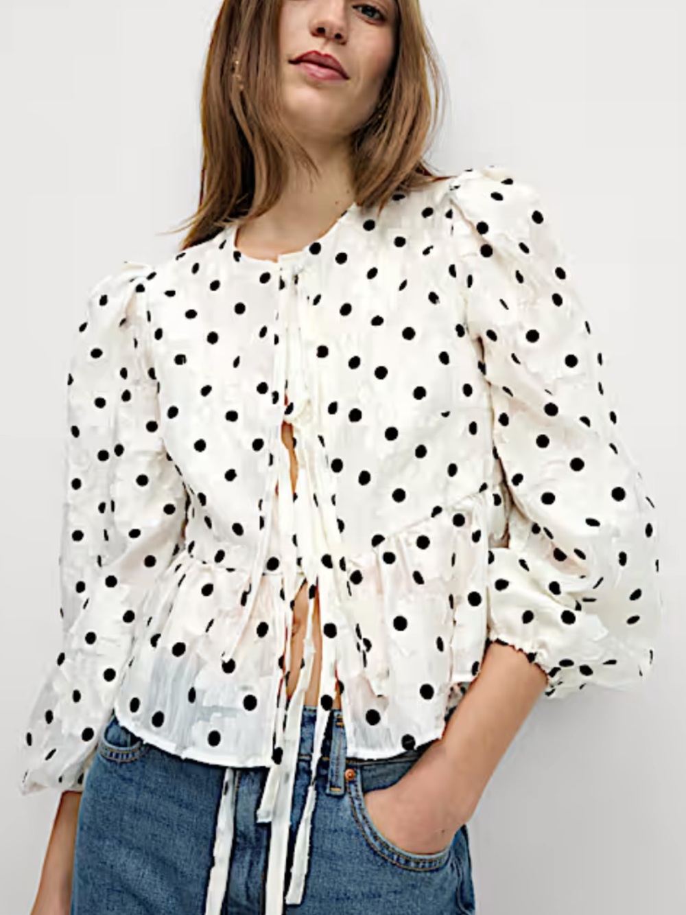 M&M'S Black Polka Dot Tie-Front Peplum Blouse on White